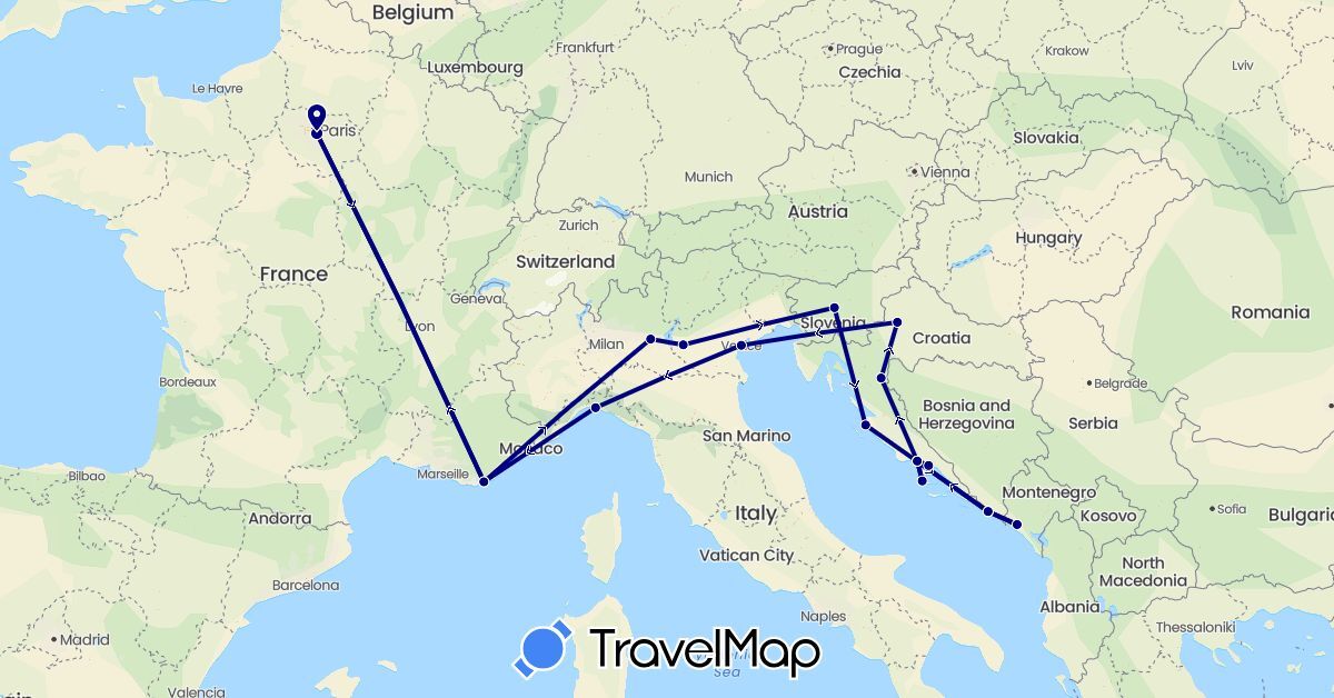 TravelMap itinerary: driving in France, Croatia, Italy, Montenegro, Slovenia (Europe)